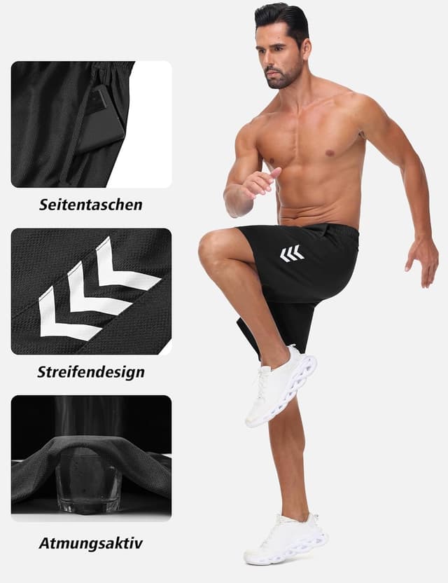 Detalle de kuzwufs Herren Sporthose – kurze, atmungsaktive Dry-Fit Gym- & Lauf-Shorts mit reflektierenden Details