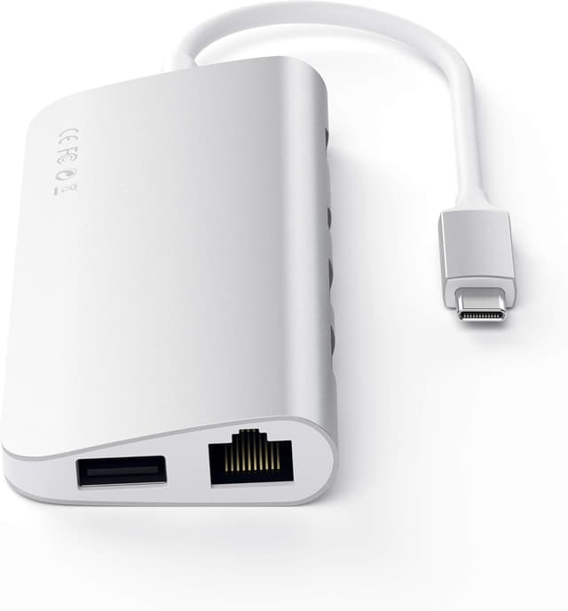 Detalle de SATECHI USB-C Multimedia Adapter Hub mit 4K HDMI, Mini DisplayPort und 60W PD-Ladefunktion (Ethernet, USB 3.0, Micro/SD) – Silber