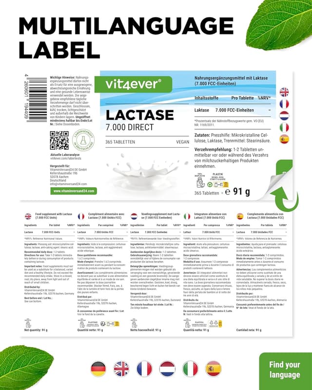 Detalle 2 de Laktase 7.000-365 Tabletten mit Sofortwirkung (7.000 FCC-Einheiten) – für Laktoseintoleranz, vegan