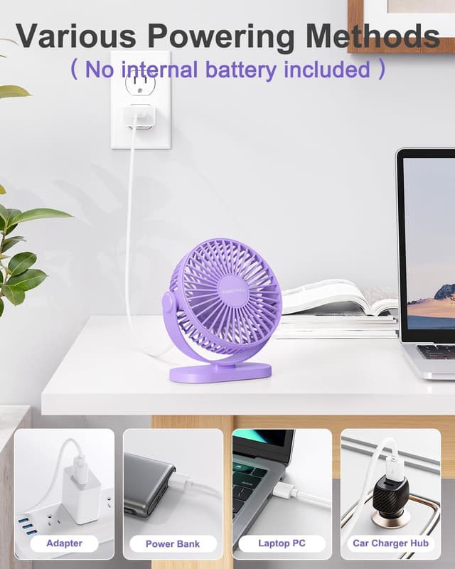 Detalle de SWEETFULL USB Desk Fan – 3-speed silent mini fan with 360° adjustable head (Purple)