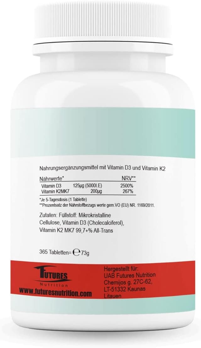 Detalle de FUTURES NUTRITION Vitamin D3 K2 5000 I.E (vegan) – hochdosiert, nur 1 Tablette alle 5 Tage, 365 Tabletten
