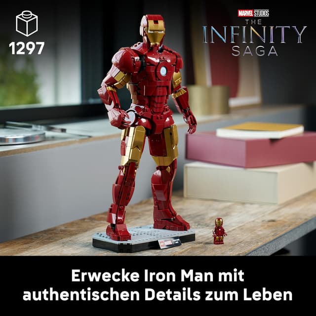 Detalle 2 de LEGO Marvel Iron Man Mark 3 Sammleredition (76344) – Bauset für Erwachsene mit Minifigur, Ständer und Namensschild