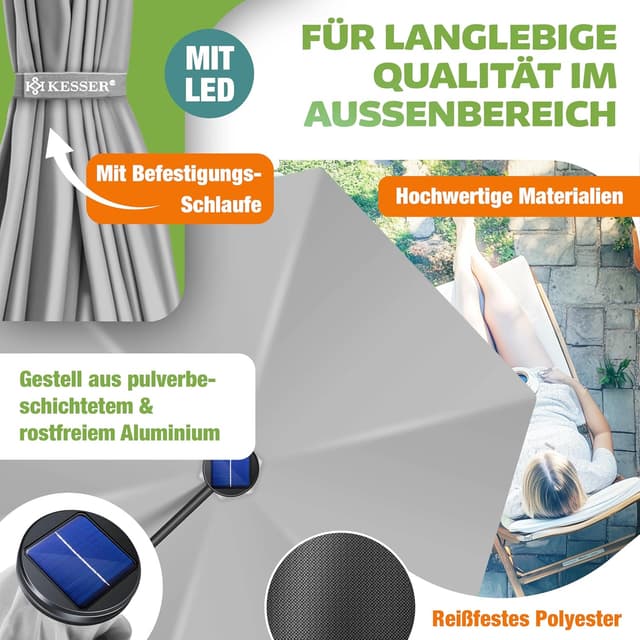 Detalle de KESSER® Alu Ampelschirm LED Solar mit 24 LEDs, Solar, Kurbel und 360° Drehfunktion inkl. Abdeckung & Fernbedienung