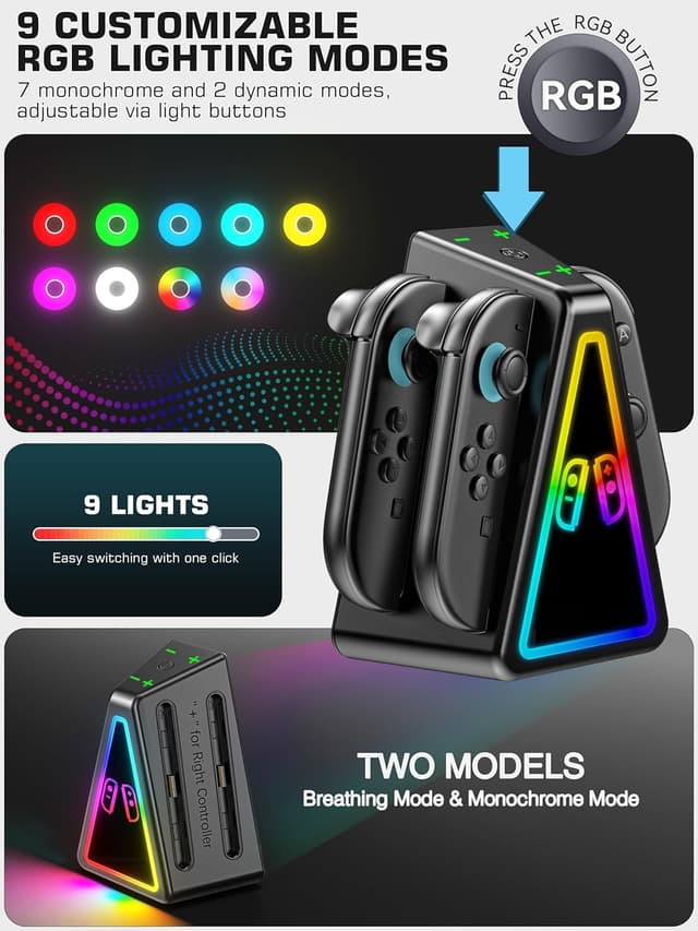 Detalle 2 de Rysker Base di Ricarica 8 in 1 magnetica per Joy-Con Switch 2 (Edition OLED) con luce RGB