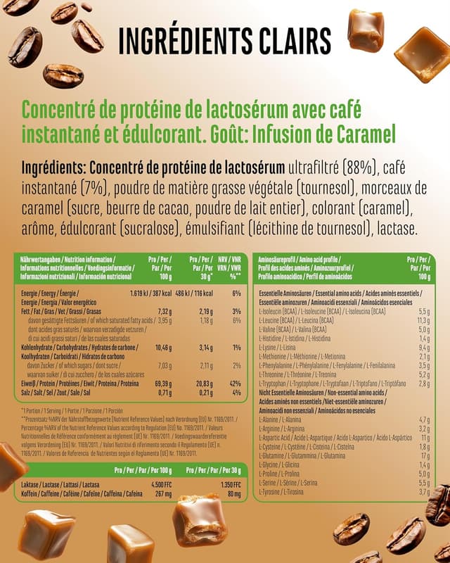 Detalle de Vit4ever Barista Protein Coffee Caramel Brew (908 g) – café protéiné crémeux au caramel, jusqu’à 20 g de protéines