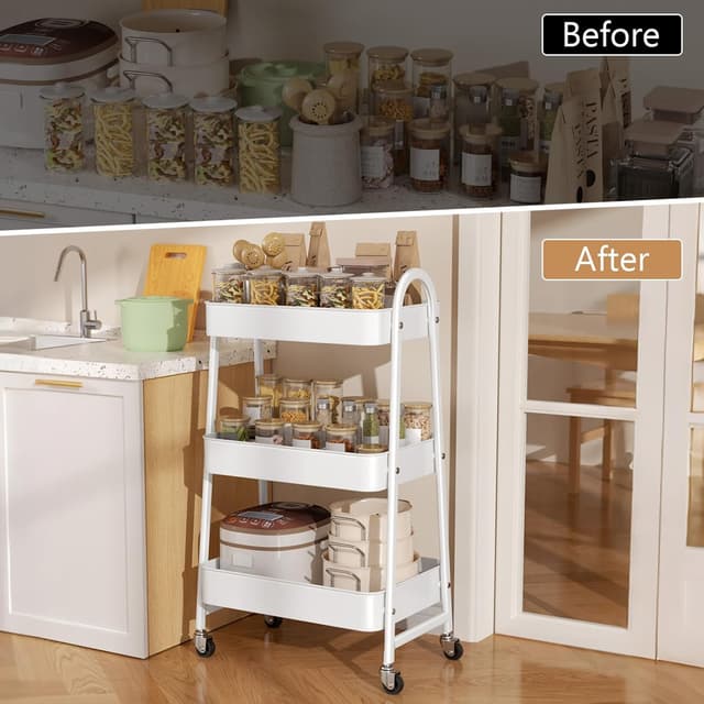 Detalle de StowBin 3-Tier Metal Storage Trolley with Wheels – Rolling Utility Cart with Handle and Mesh Shelves (White)