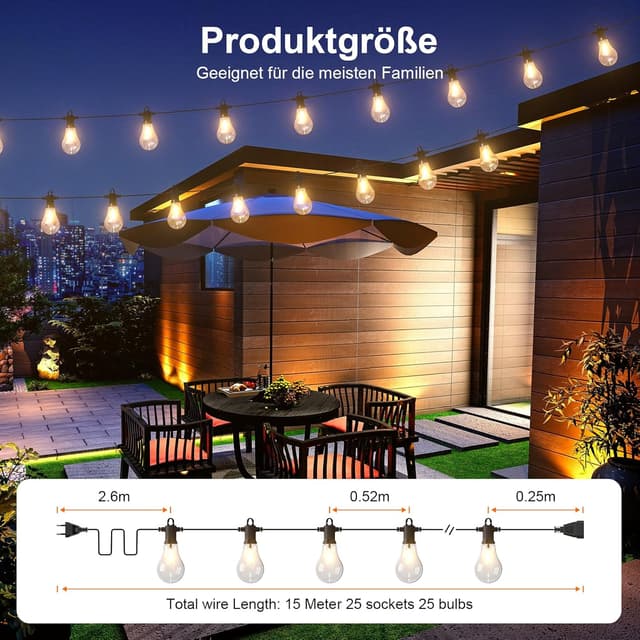 Detalle de Kawaya LED-Lichterkette für außen IP65, 15 m mit dimmbaren A45 Glühbirnen (2700 K) und 25+2 Leuchtmitteln