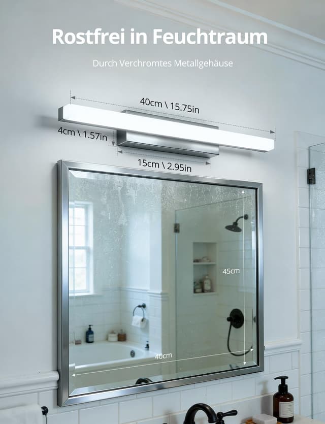 Detalle de LED-Spiegelleuchte fürs Bad (40 cm) mit Kaltweiß 6000K, 9W und IP44 – Spiegellampe für Wandmontage