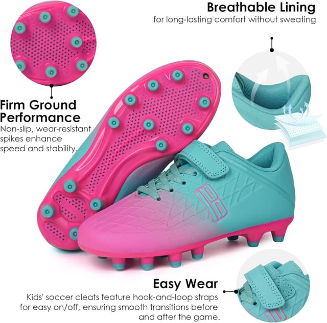 Detalle de brooman Kids Firm Ground Soccer Cleats with Hook-and-Loop Strap Closures and Soccer Socks