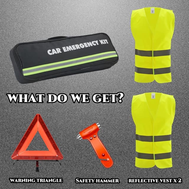 Detalle 2 de WORKKOOL Emergency Breakdown Kit with warning triangle, safety hammer and hi-vis vests (4 packs set)