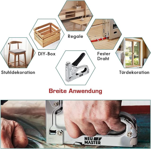 Detalle de NEU MASTER Handtacker Set 3-in-1 für Holz mit 2000 Klammern und Klammerentferner