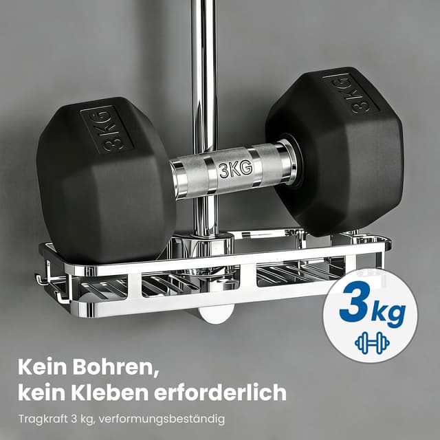 Detalle de Duschstange Komplettset (70 cm) mit 5-fach Handbrause, Edelstahl-Schlauch & Ablage – ohne Duscharmatur, ohne Bohren