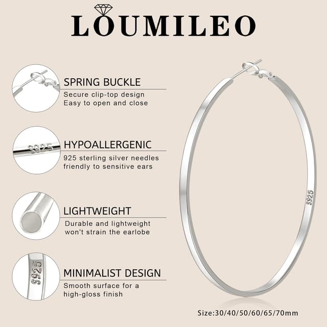 Thumbnail 4 de LOUMILEO Silber 925 Creolen (Hypoallergen) – leichte große Damen-Ohrringe, Clip-Top-Verschluss, Größen 30–70 mm