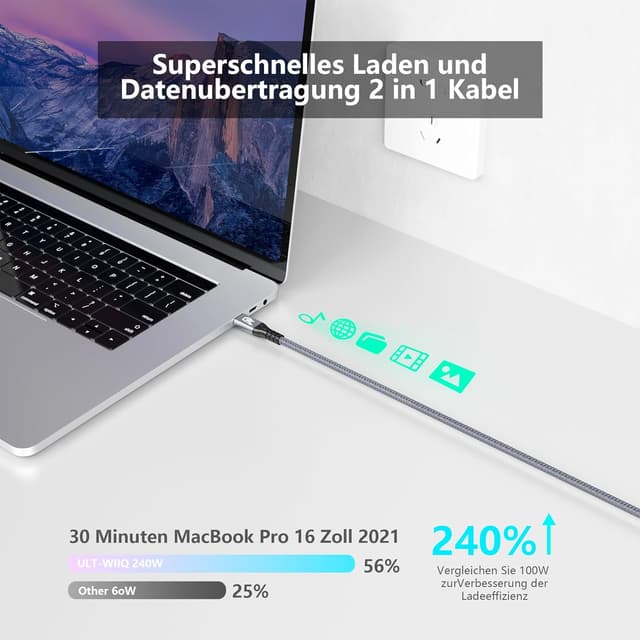 Detalle de MOPOCHG 240W USB‑C‑Kabel 3 m 90° für Laptops