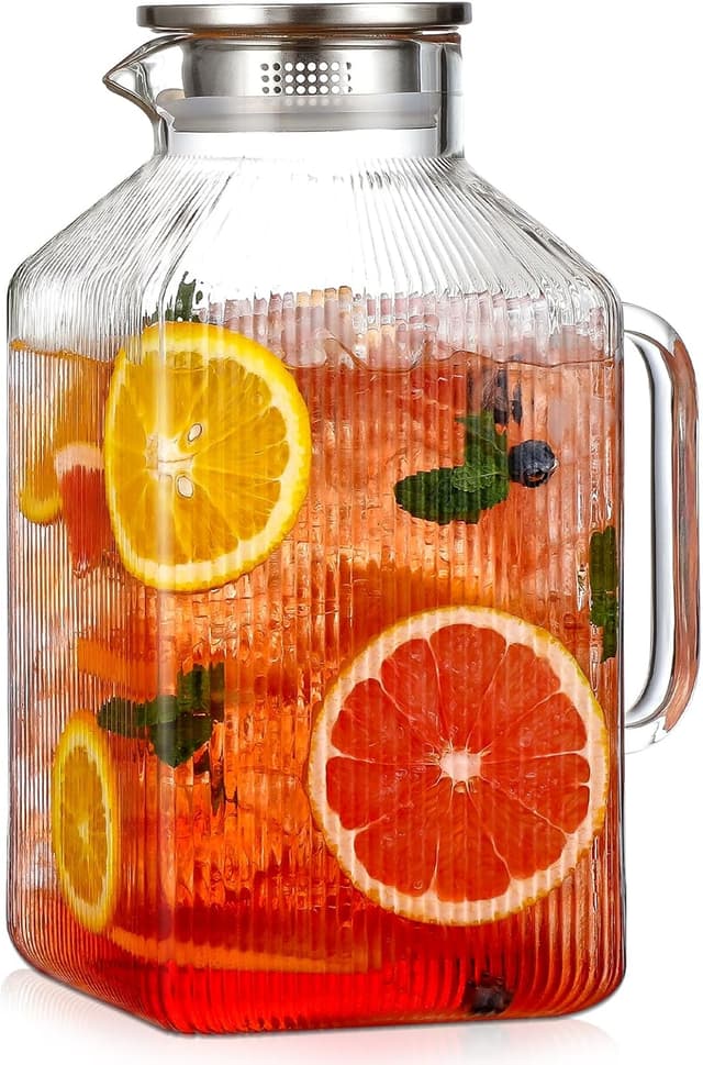 Detalle de 1 Gallon Thickened Square Glass Pitcher with Lid (Borosilicate) — Classic Vertical Stripe Carafe