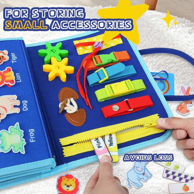 Detalle de TINIFO Busy Board Giochi Montessori in feltro blu (1 anno) – libro sensoriale interattivo portatile