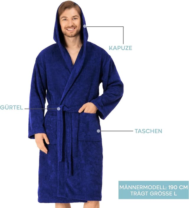 Detalle de Twinzen Herren-Bademantel aus 100% Baumwolle mit Kapuze, Gürtel und 2 Taschen (OEKO‑TEX®, 350 g/m²)