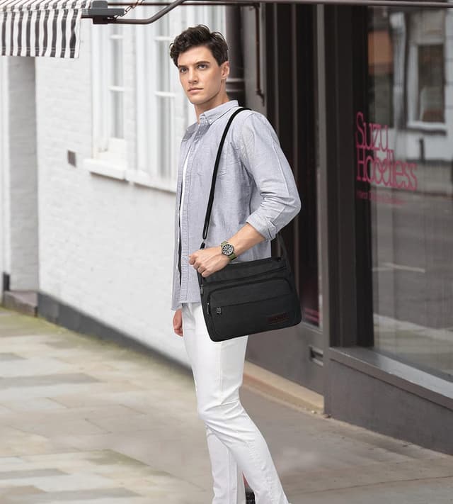 Detalle de JAKAGO Canvas Messenger Bag 15 inch – waterproof shoulder bag with multiple pockets for work, travel and outdoors