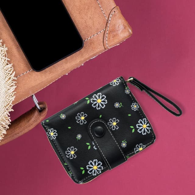 Detalle de Farcauo mini porte-monnaie pour femme : petit portefeuille multifonctions noir à motif fleurs