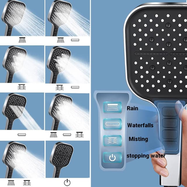 Detalle 2 de HOAENTSA square high-pressure shower head with 2m hose (7+1 modes)