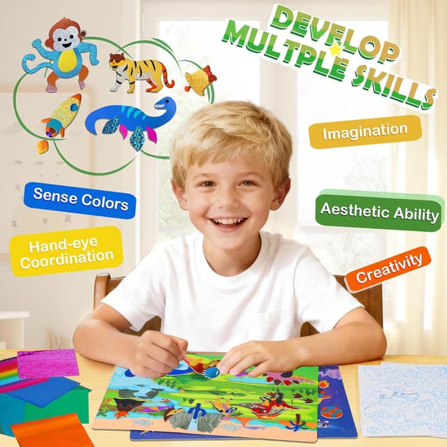 Detalle de URMYWO Folienspaß Kinder: 2-in-1 Kreativ-Folie & Malpapier mit Dinosauriern und Weltraum