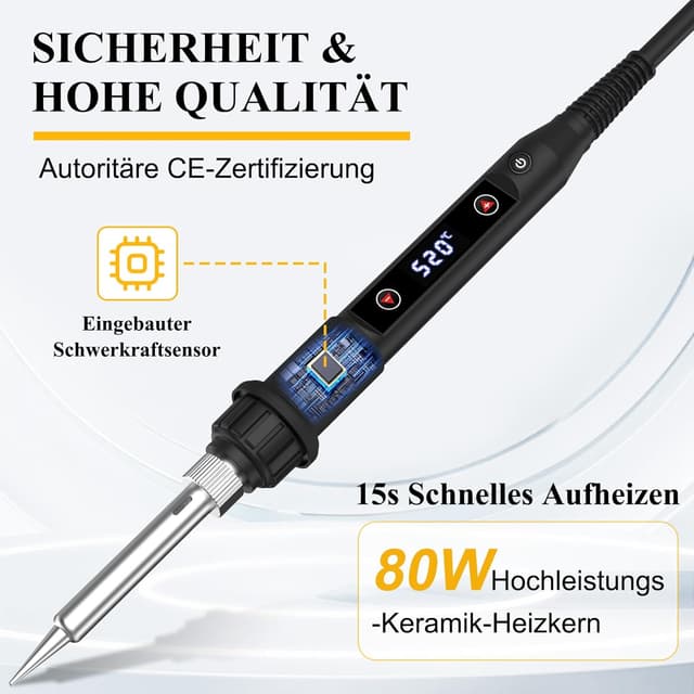 Detalle de Lötkolben-Set 80 W mit LED Temperaturregelung (180–520 °C) – inkl. Entlötpumpe, Spitzen & Zubehör