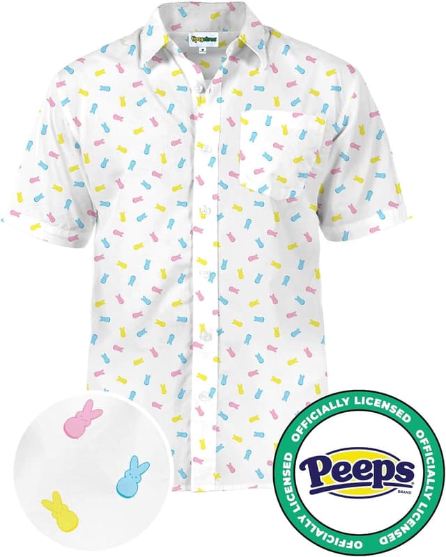 Detalle de Tipsy Elves Men’s Easter Hawaiian Shirt (Peeps®) — Short Sleeve Button-Down Pastel Vacation Style