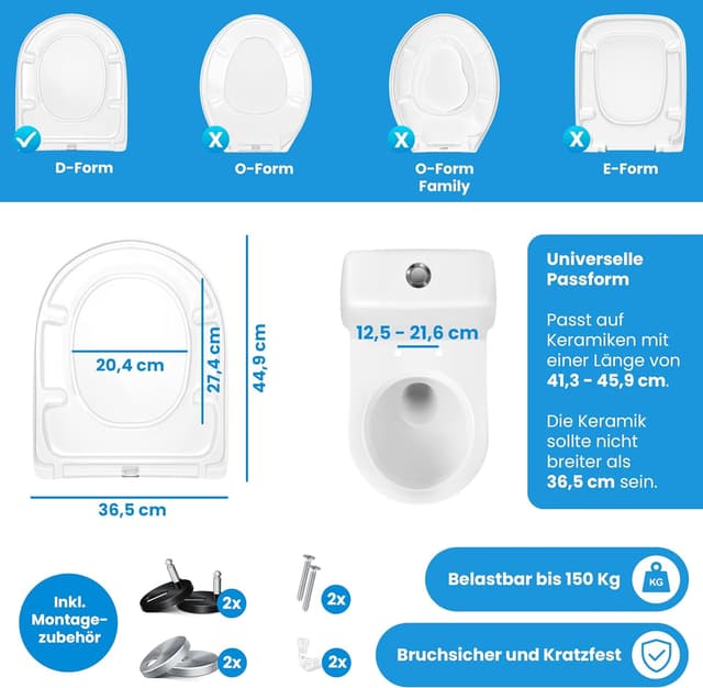 Detalle 2 de KESSER® WC Sitz mit Absenkautomatik, Quick-Release & Softclose (D-Form) – Toilettendeckel aus Duroplast mit Edelstahl-Befestigung