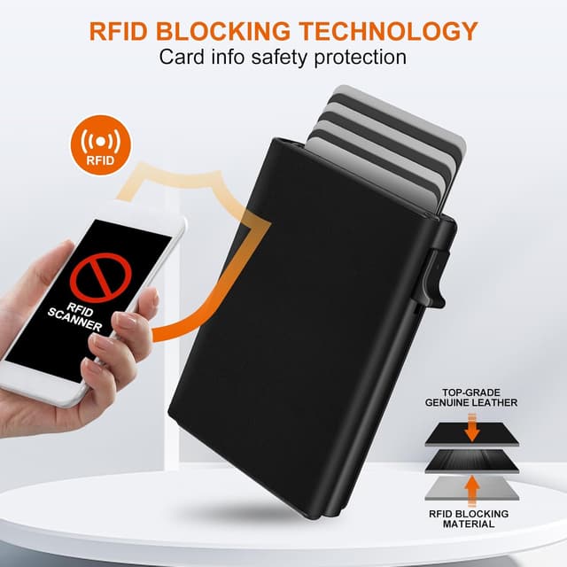 Detalle 2 de Men’s Wallet Credit Card Holder with Pop-up Card Case, RFID Blocking & Coin Pocket (Top Grain Leather + 6063 T5 Aluminium)