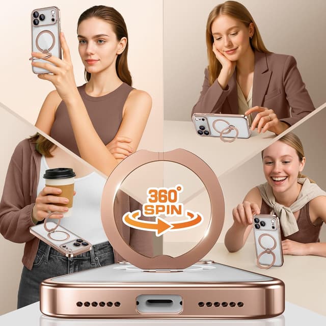 Detalle de GolbinBox iPhone 17 Pro Max Case with 360° Spin Magnetic Stand, MagSafe Compatible (Rose Gold/Clear)
