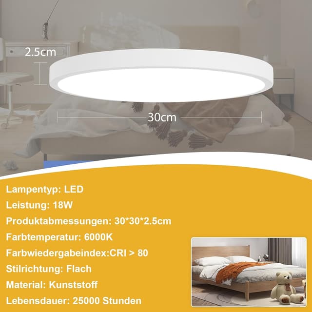 Detalle de ZMH LED Deckenleuchte fürs Badezimmer (IP44), rund, flach – 24 W, 30 cm, kaltweiß
