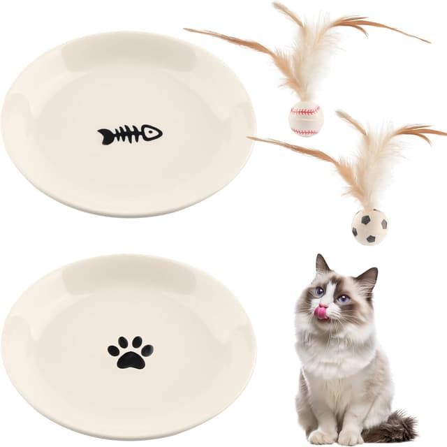 Detalle de Katzennapf Keramik-Set „Katzennapf Keramik 2er“- rutschfeste Futternäpfe mit Silikonbasis und 2 Spielbällen, weiß