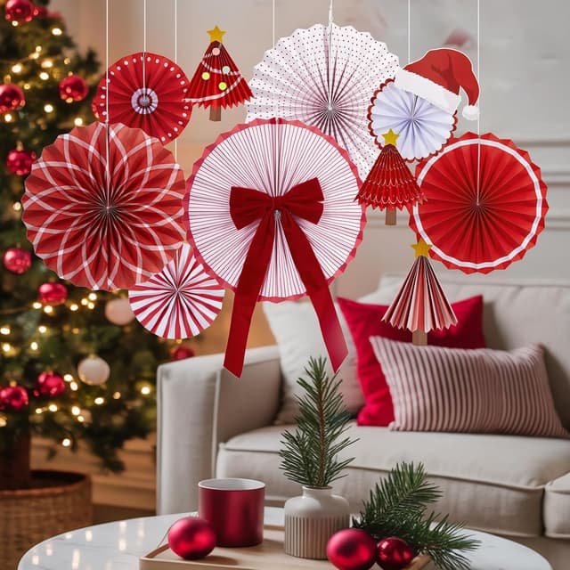 Thumbnail 5 de Reusable Christmas Decorations Ceiling Paper Fans with Star Tree Topper 🎄