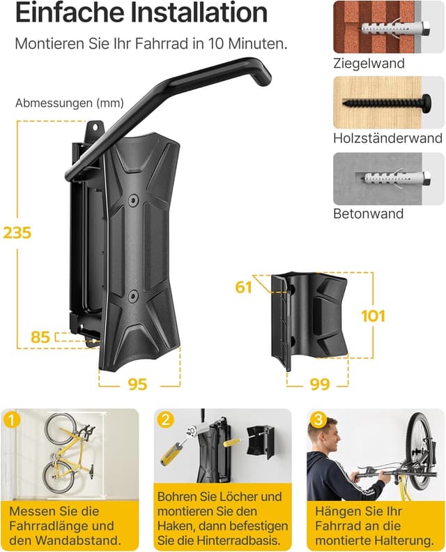 Thumbnail 6 de monTEK schwenkbare Fahrrad-Wandhalterung für Breitreifen bis 115 mm (bis 35 kg)