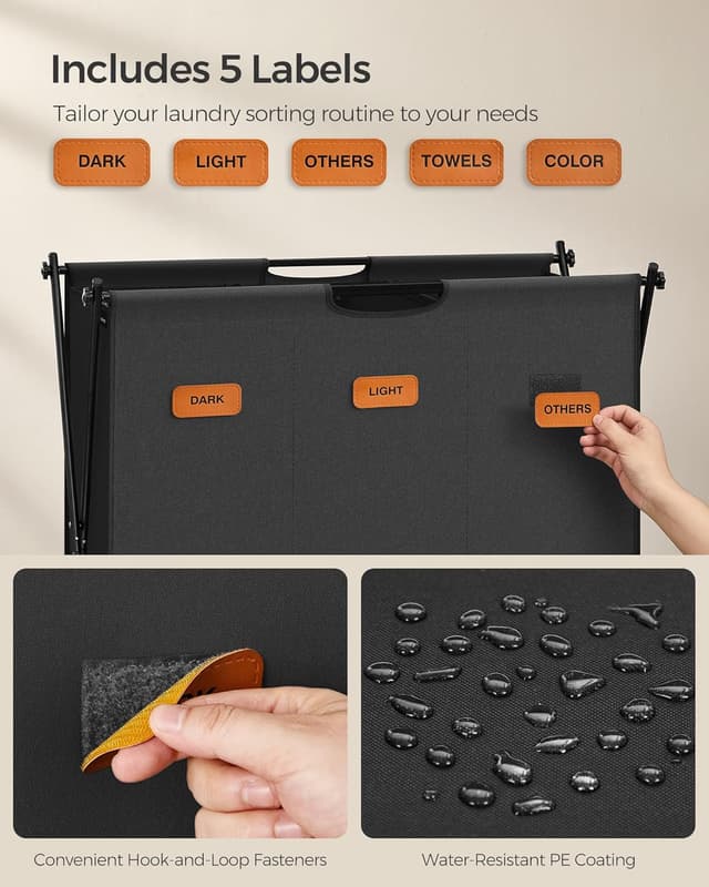 Detalle de SONGMICS 135 L Laundry Hamper with 3 Sections (Collapsible X-Frame) – Ink Black LCB130B01