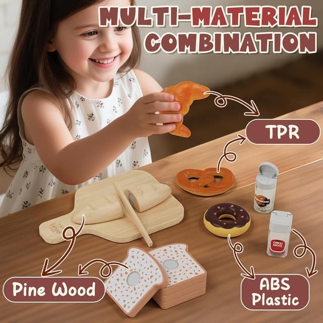 Detalle de Lehoo Castle wooden play food baking set with pizza toys and Velcro cutting pieces