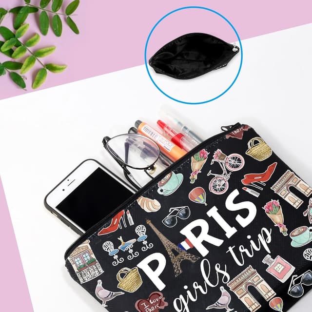 Detalle 2 de Paris Girls Trip Gift Paris Weekend Theme Travel Bag Skyline Makeup Bag for Her (Black EU)
