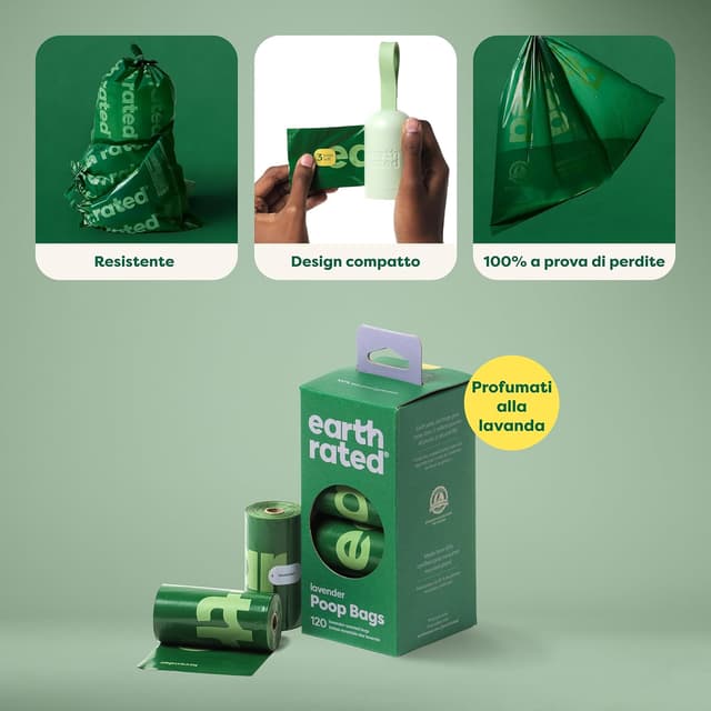 Detalle de Earth Rated sacchetti igienici per cani a prova di perdite extra resistenti – rotoli di ricarica profumati alla lavanda (120 pezzi)