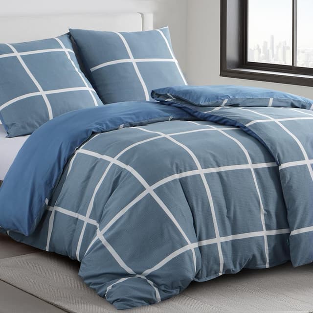 Detalle de RUIKASI Bettwäsche 135x200 cm Baumwolle, 4-teilig Denimblau mit Karo – mit Reißverschluss