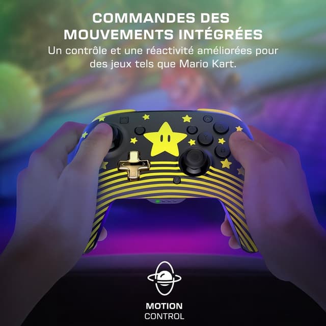 Detalle de Manette sans fil Turtle Beach Rematch Super Mario Star (Nintendo Switch) – design phosphorescent, recharge intégrée (bouton C indisponible)
