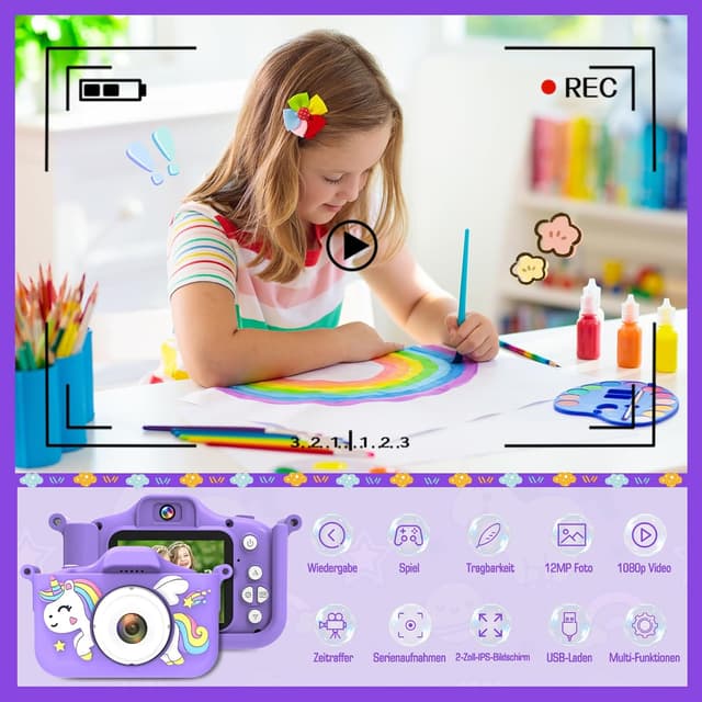 Detalle de Kinderkamera mit 32-GB-Speicherkarte, 1080P HD und Einhorn-Silikonhülle – Selfie-Kamera für Mädchen & Jungen ab 3 Jahren
