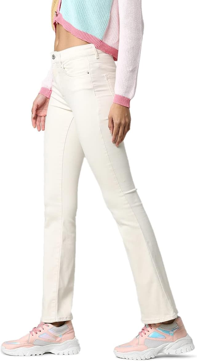 Detalle de ONLY Female Flared-Jeans ONLBLUSH mit mittlerer Taille (ecru) – Stretch-Denim mit Zip-Fly