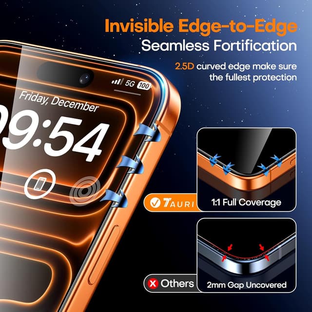 Detalle de TAURI Designed for iPhone 17 Pro Max Screen Protector (2-pack) — 9H tempered glass with dust-free install tool