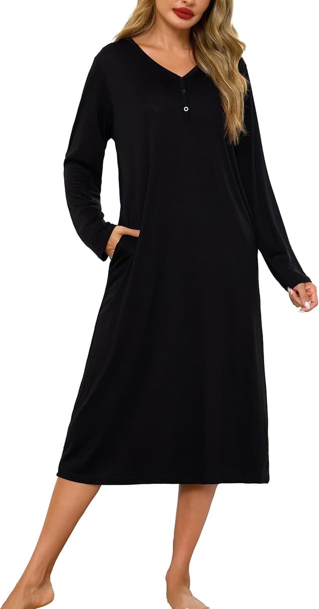 Lovasy long-sleeve cotton nightdress for women with pockets – long nightshirt nightwear