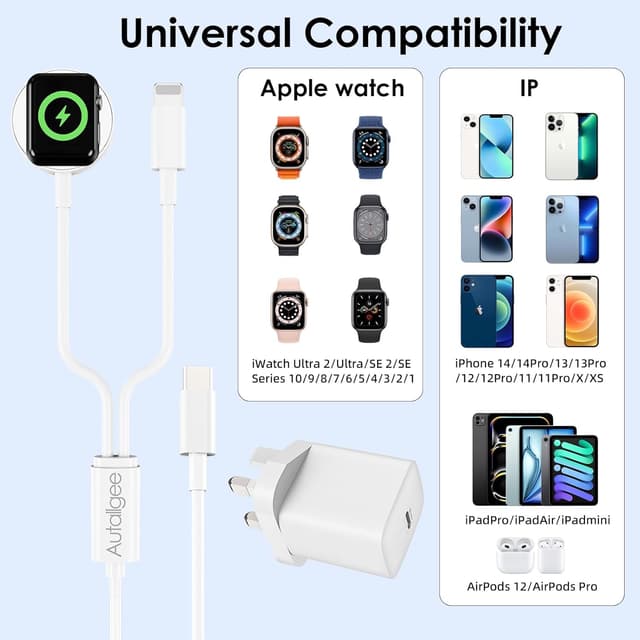 Detalle de Autallgee Upgraded 2 in 1 Charger for Apple Watch and iPhone (USB‑C to Lightning) with 20W wall charger