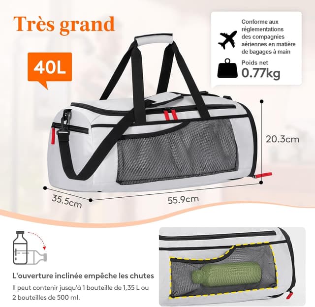 Detalle de Sac de sport Lifewit 40L avec compartiment chaussures et 3 modes de port (gris argenté) – 55 x 36 x 20 cm