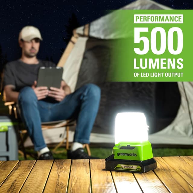 Detalle 2 de Greenworks G24LA500 lantern and camping light with hanging hook (500 lumens) – USB and Type C outputs (tool-only)