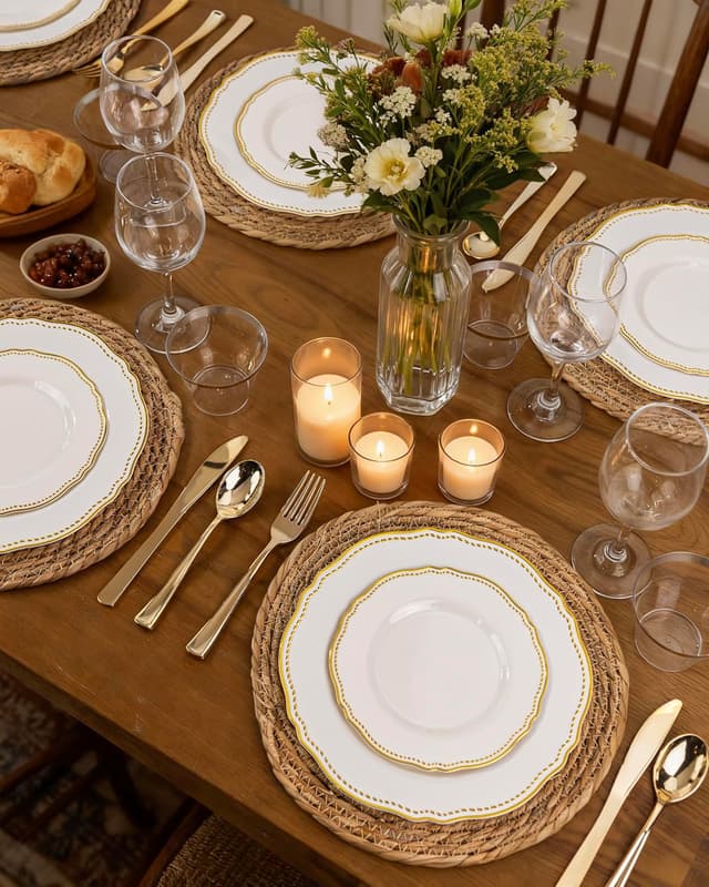 Thumbnail 6 de Hioasis 60pc Ivory & Gold Disposable Dinnerware Plates (7-inch) for Parties and Weddings