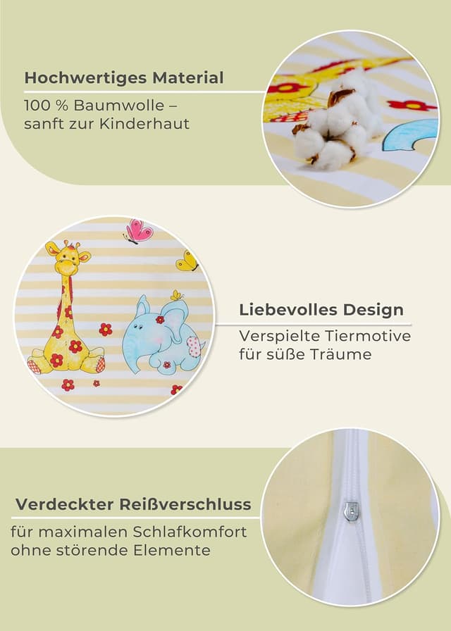Detalle de Gräfenstayn® 2-tlg. Kinderbettwäsche-Set mit Tiermotiv (Giraffe & Elefant) aus 100% Baumwolle