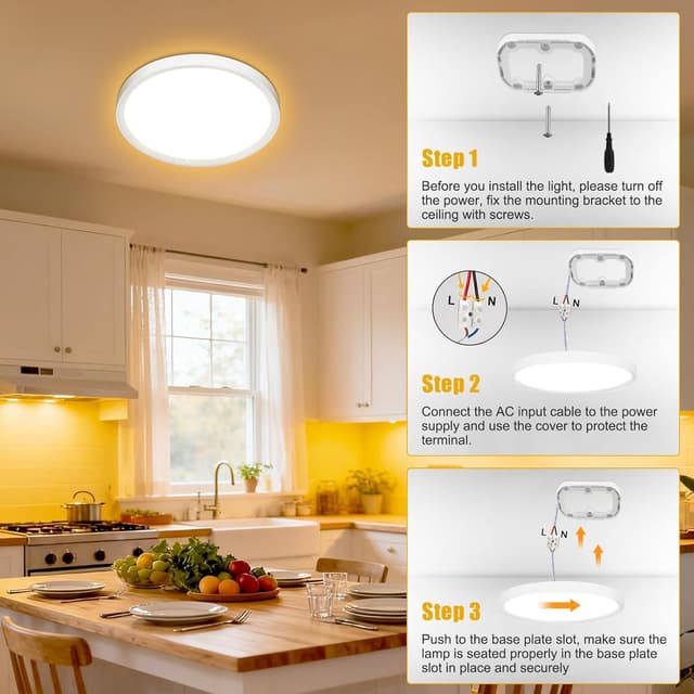 Detalle de Befurglor 24W LED Ceiling Light Ø 28.5cm (3000K Warm White, 2200lm) – IP44 flush mount for bathroom & kitchens